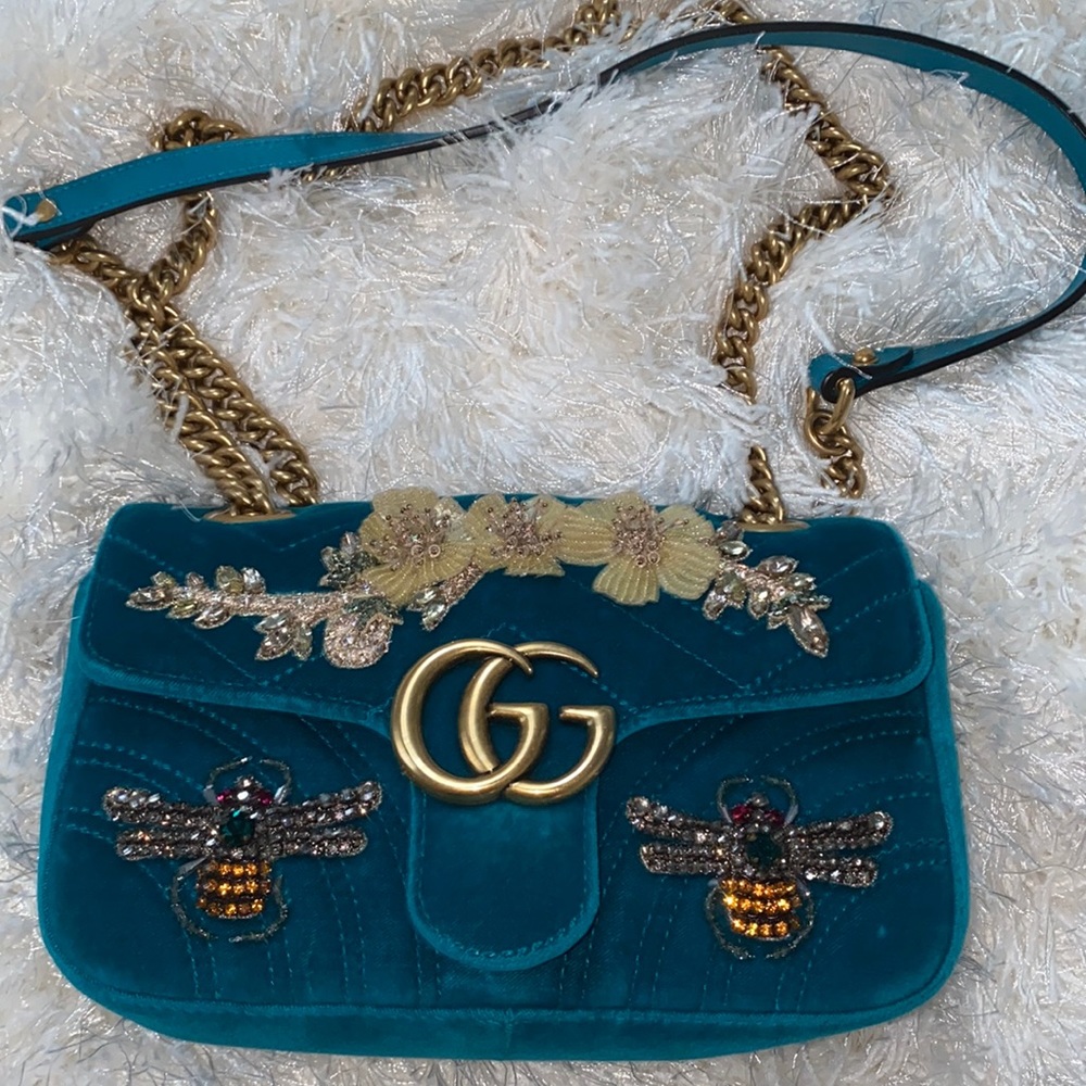 Gucci marmont embellished velvet green handbag